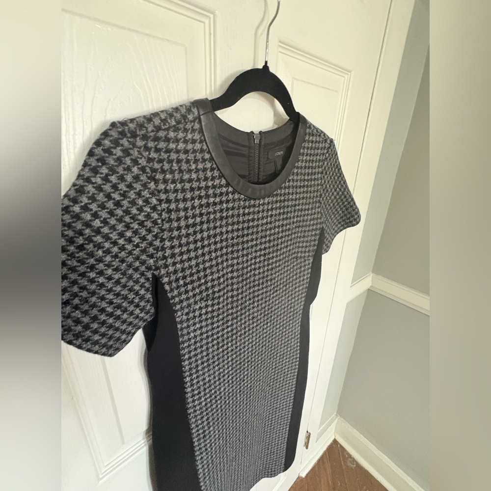 J.Crew Mixed Houndstooth Tweed & Leather Dress | Size 2 Tall | Classic Career - Picture 5 of 12